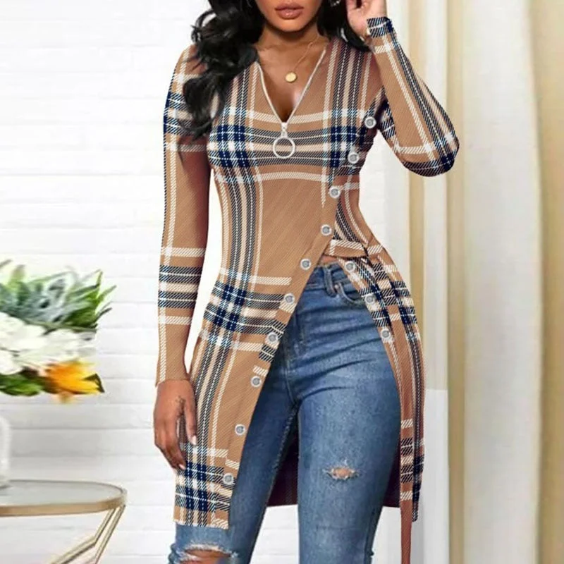 Zipper Patchwork Casual Women Front Slit Tops Loose Streetwear V Neck Retro Long Pullovers Office Female Slim Long Sleeve Blouse