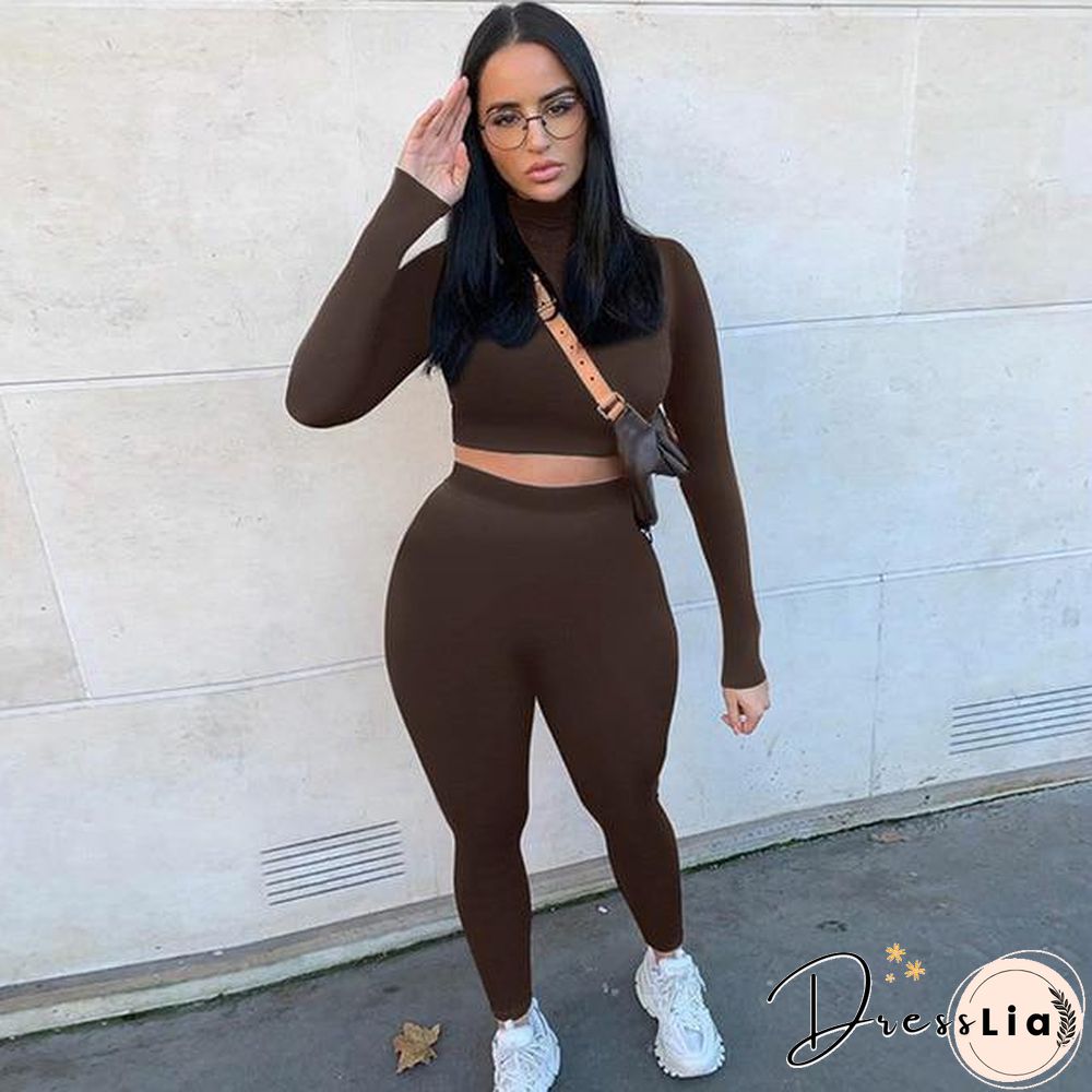 Winter Women Sport Fitness 2 Two Piece Set Outfits Long Sleeve Crop Tops Tshirt Leggings Pants Set Bodycon Tracksuit