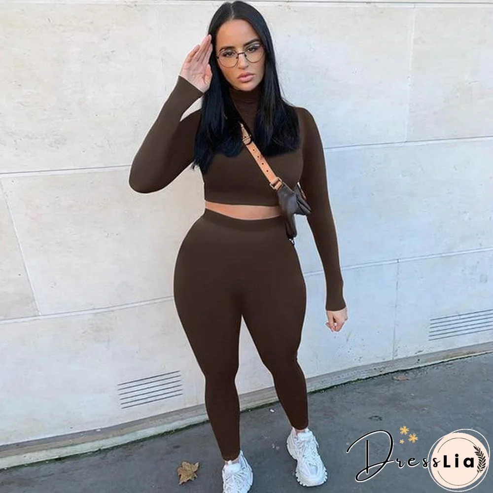 Winter Women Sport Fitness 2 Two Piece Set Outfits Long Sleeve Crop Tops Tshirt Leggings Pants Set Bodycon Tracksuit