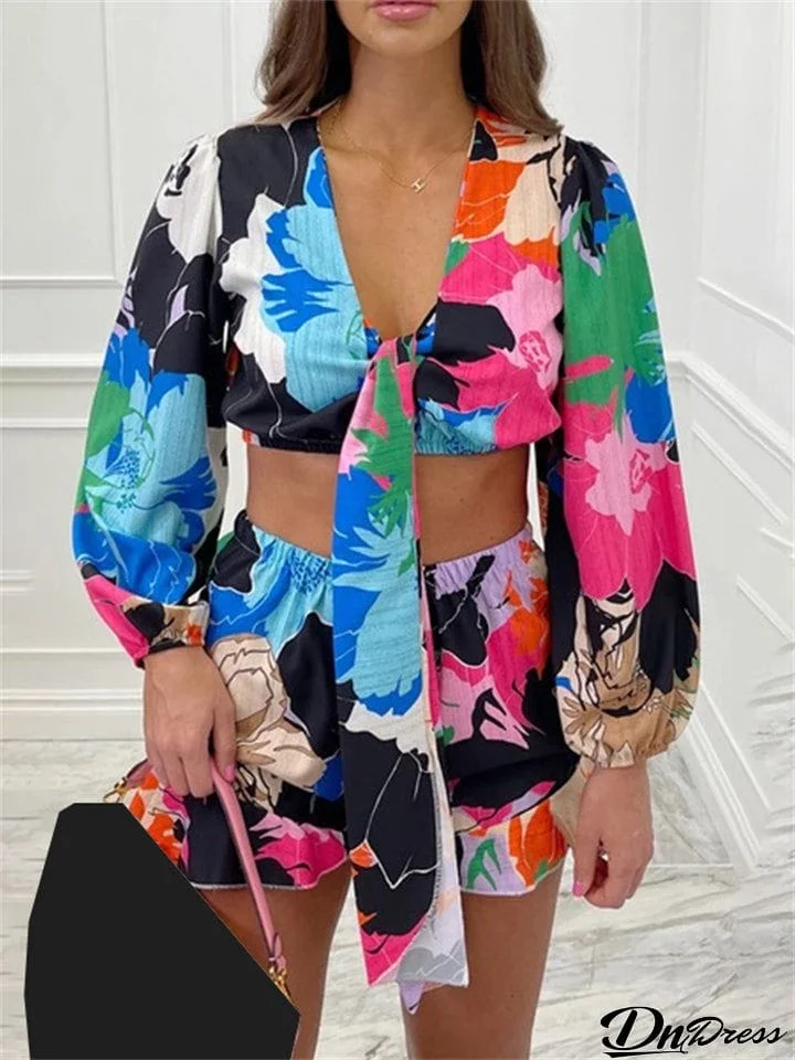 Lady Printed Open Front Shirt Shorts Temperament Two-piece Suit