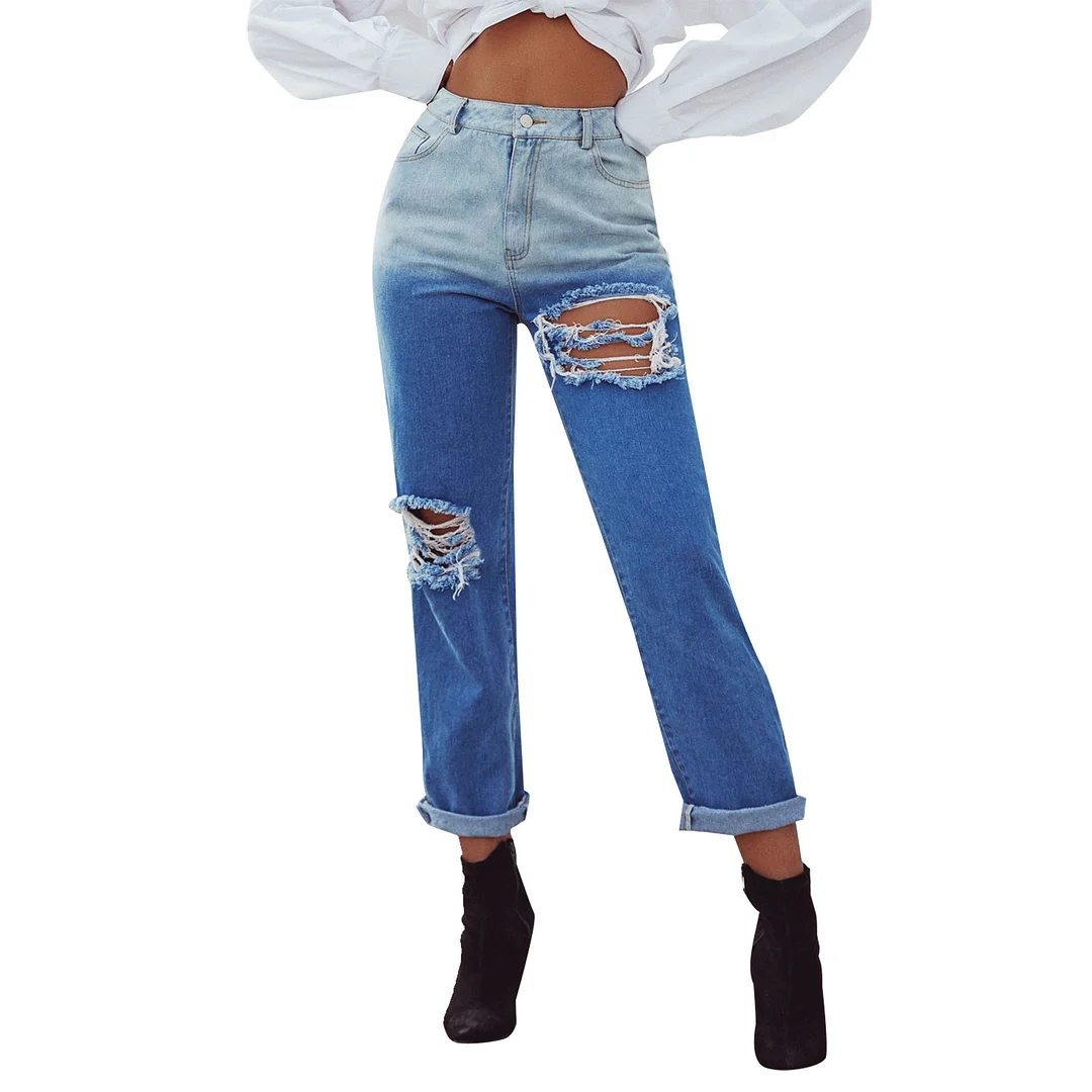 Women's INS Casual Ripped Street Hipster Straight Denim Trousers