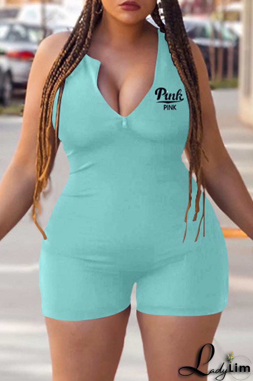 Blue Fashion Casual Letter Print Basic Zipper Collar Skinny Romper