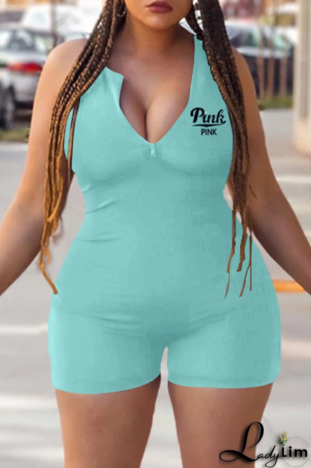 Blue Fashion Casual Letter Print Basic Zipper Collar Skinny Romper