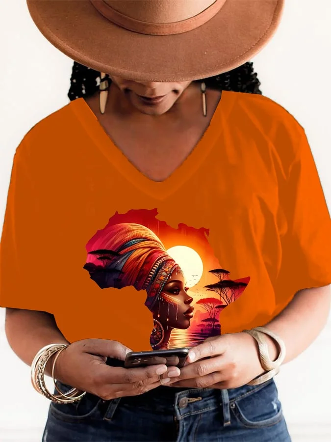 Women's Black Juneteenth African Portrait Print V-Neck T-Shirt Top 