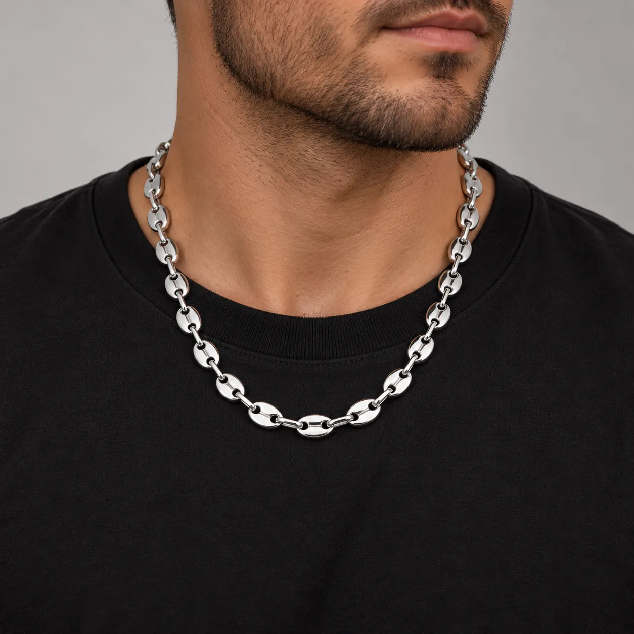  Silver-Tone Titanium Steel Coffee Bean Link Chain Bracelet or Necklace, 7mm/9mm/11mm