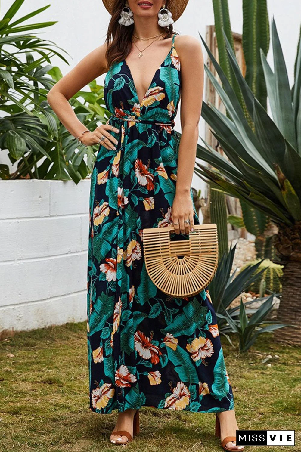 Fashion Bohemian Print Backless V Neck A Line Dresses