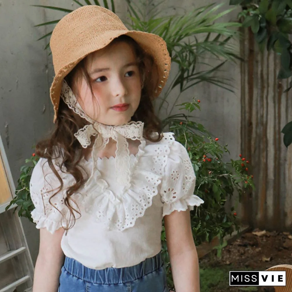 Summer Children's Clothing Solid Color Small And Medium-Sized Girls Triangular Lace Collar Short Sleeve Bubble Sleeve T-Shirt