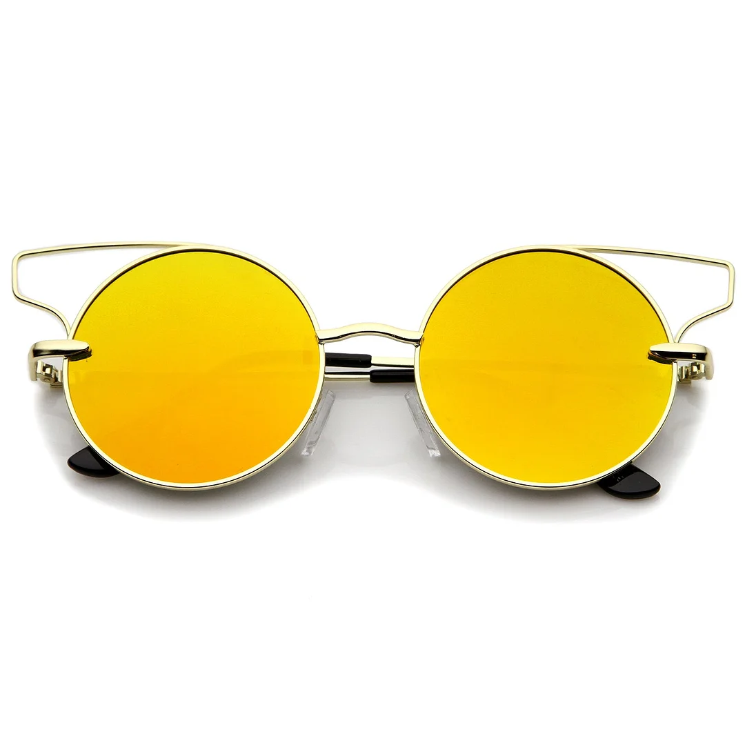 Women's Wire Open Metal Frame Color Mirror Flat Lens Round Cat Eye glasses 52mm