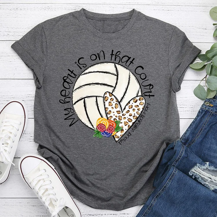 Volleyball Sport Lover My Heart Is On That Court Round Neck T-shirt-Annaletters