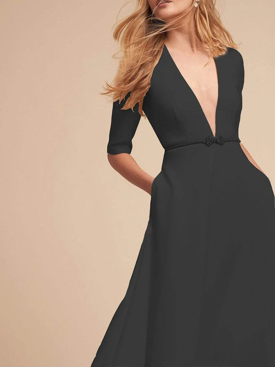 Elegant and simple V-neck mid-length sleeved A-line dress