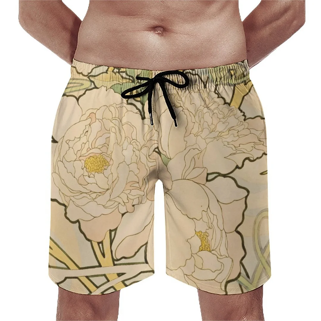 Alphonse Mucha Floral Men's Swim Trunks Summer Board Shorts Quick Dry Beach Short with Pockets