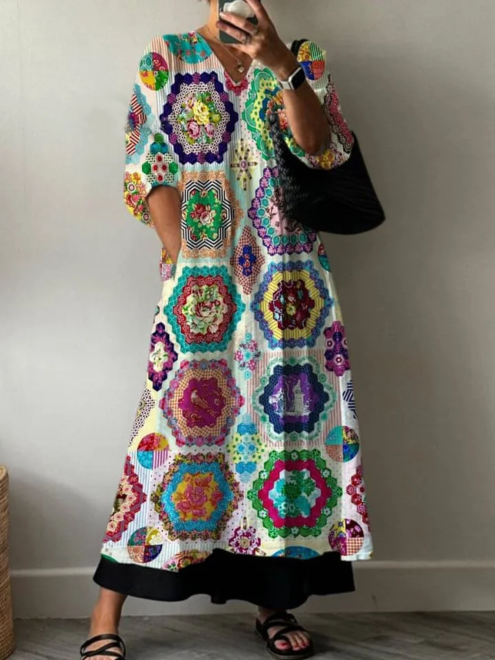 Women's Stitching Colourful Hexagonal Pattern Print Pocket V-neck Cotton Dress