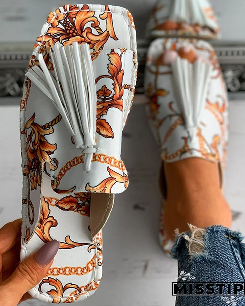Scarf Print Tassel Design Square Toe Flat Sandals