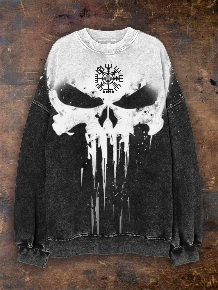 Broswear Men's Vintage Washed Viking Vegvisir Skull Graphic Sweatshirt