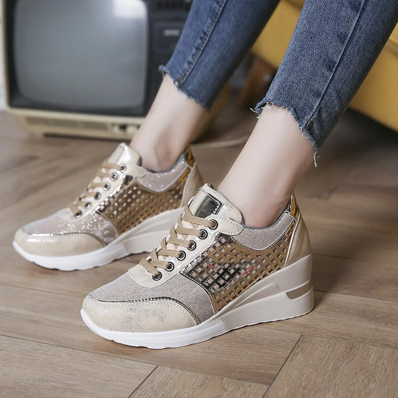 Yyvonne 2025 New Ins Tide Large-Size Slope And Mesh Sneakers Women Cross-Lace Casual Single Shoes