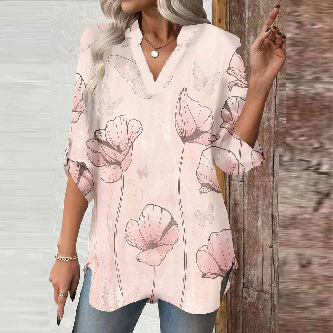 Women Floral,Pink DZGA0583 3/4 Sleeve V-neck Printed Graphic Button Tops
