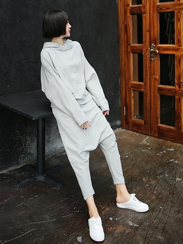 Light Gray Casual Solid Hoodie&Pants Suits