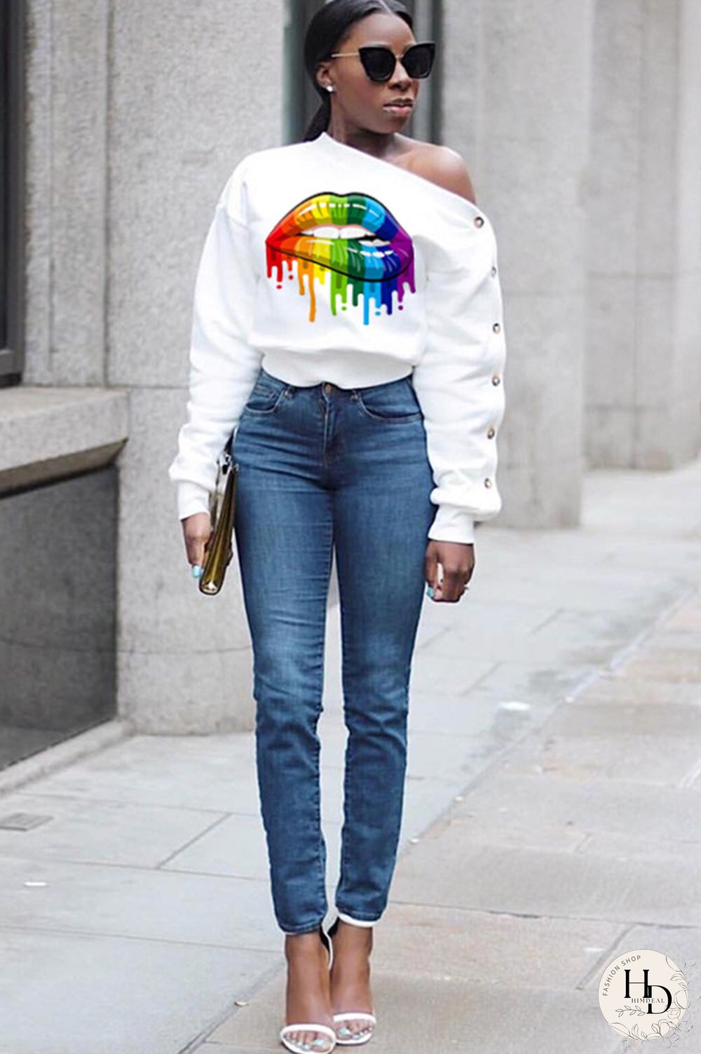 Black One Shoulder Collar Print Polyester Print Long Sleeve