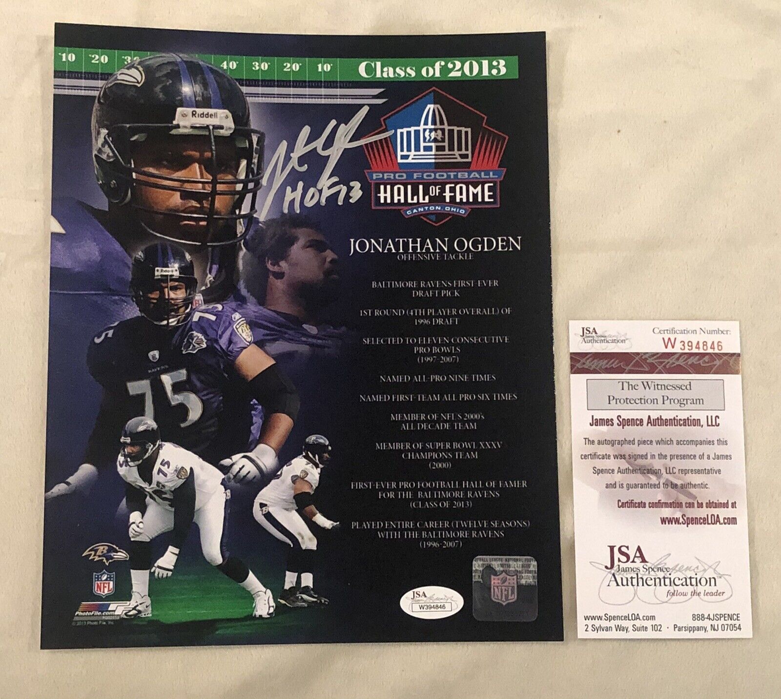 Jonathan Ogden Baltimore Ravens Autographed signed 8x10 JSA COA Hof