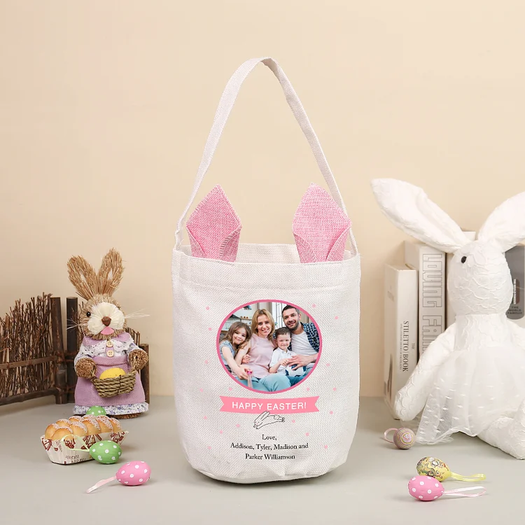 Pascua-Bolsa de conejo con 2 textos y 1 foto personalizados