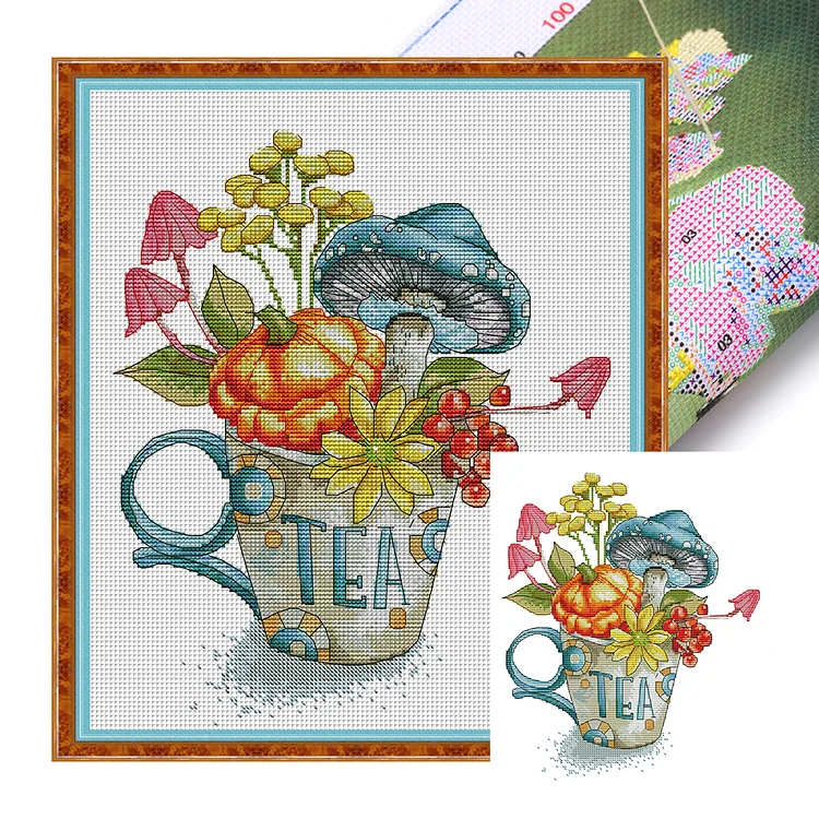 Joy Sunday Flowers And Tea Cup 14CT Stamped Cross Stitch
