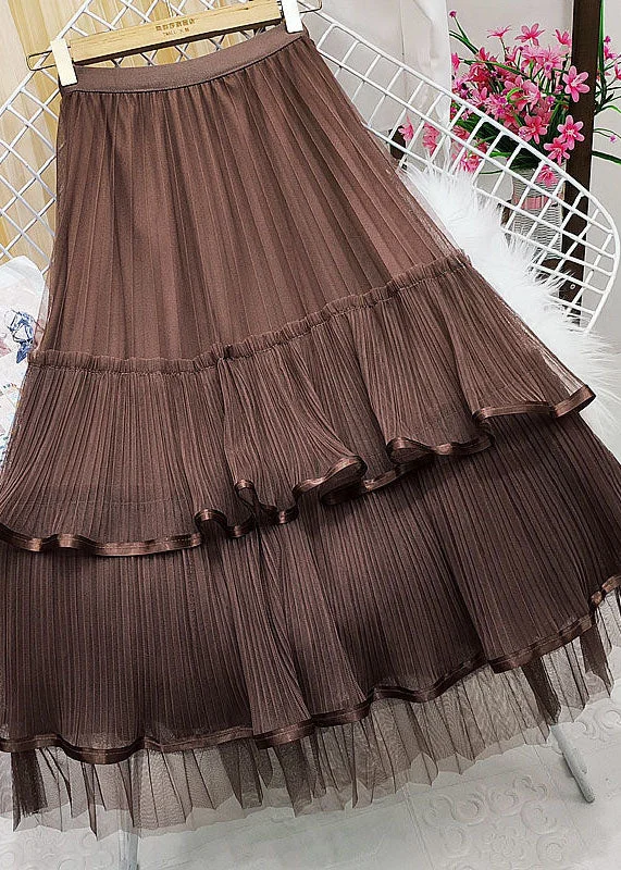 Boutique Coffee Elastic Waist Ruffled Patchwork Wrinkled Tulle Skirts Spring