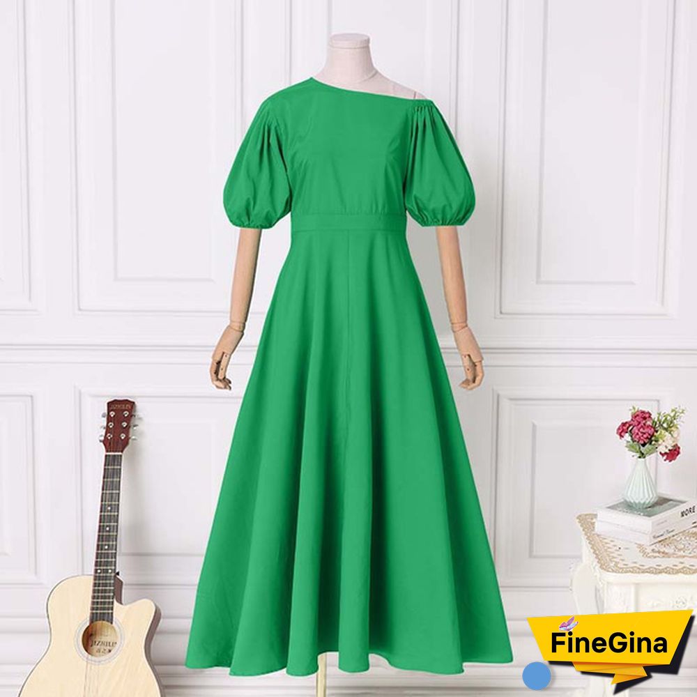 Women Puff Sleeve High Waist Diagonal Shoulder Dress Solid Baggy Swing Dress Maxi Prom Dress
