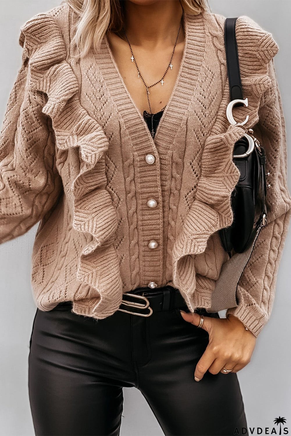 Ruffled Buttoned Open Front Knitted Sweater