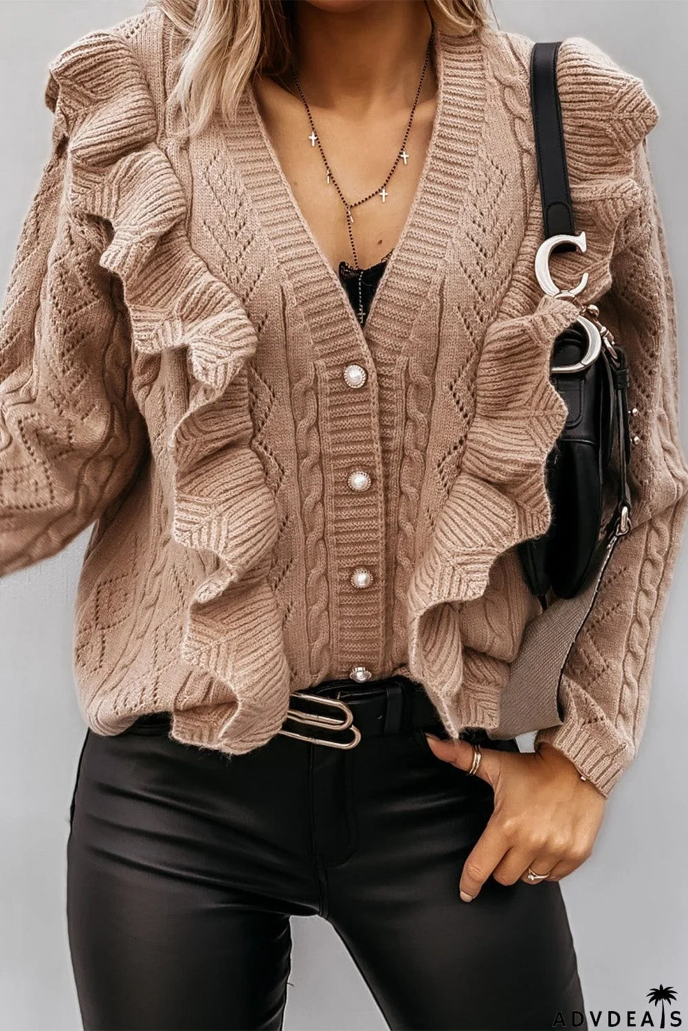Ruffled Buttoned Open Front Knitted Sweater