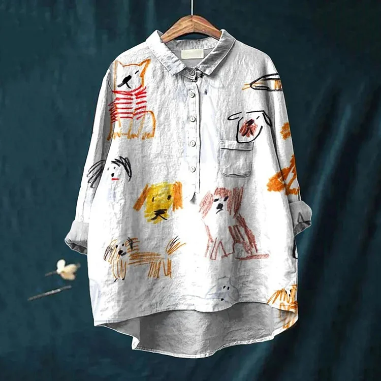 Comstylish Graffiti Dog Print Casual Cotton And Linen Shirt