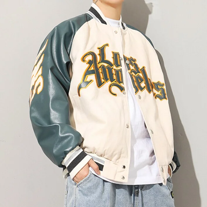 Letter Embroidery PU Leather Stitching Men's Baseball Varsity Jacket at Hiphopee