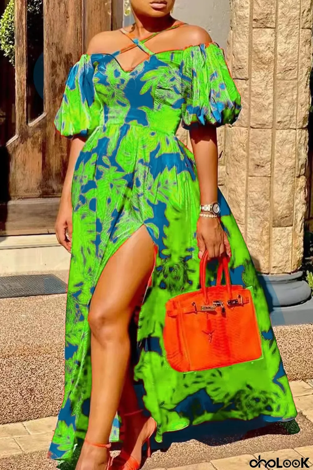 Green Casual Print Patchwork Halter Cake Skirt Dresses(There will be color difference, mind carefully ordering)