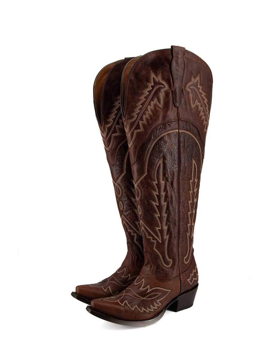 Brown Vegan Leather Distressed Snip Toe Embroidered Knee High Boots