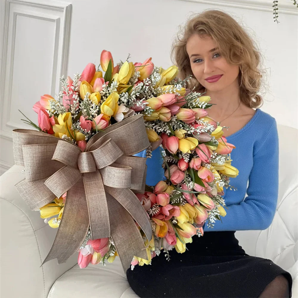 Spring simulation bow tulip wreath props holiday decoration