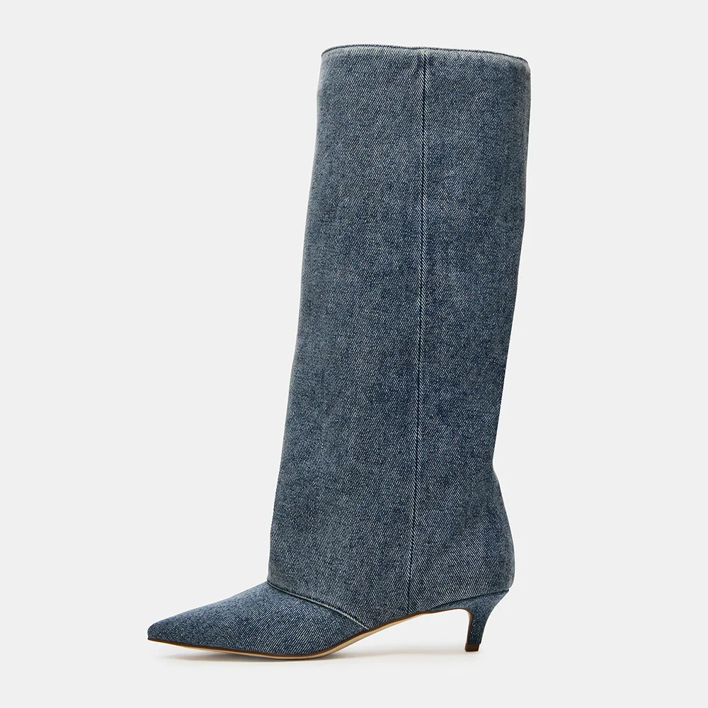 Stylish Denim Pointed Toe Pull On Knee High Heeled Boots in Blue