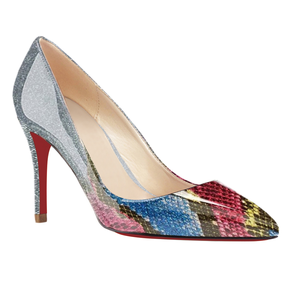 90mm Middle Heels Pointy Toe Pumps Multicoloured Gradient Color Patent-vocosishoes