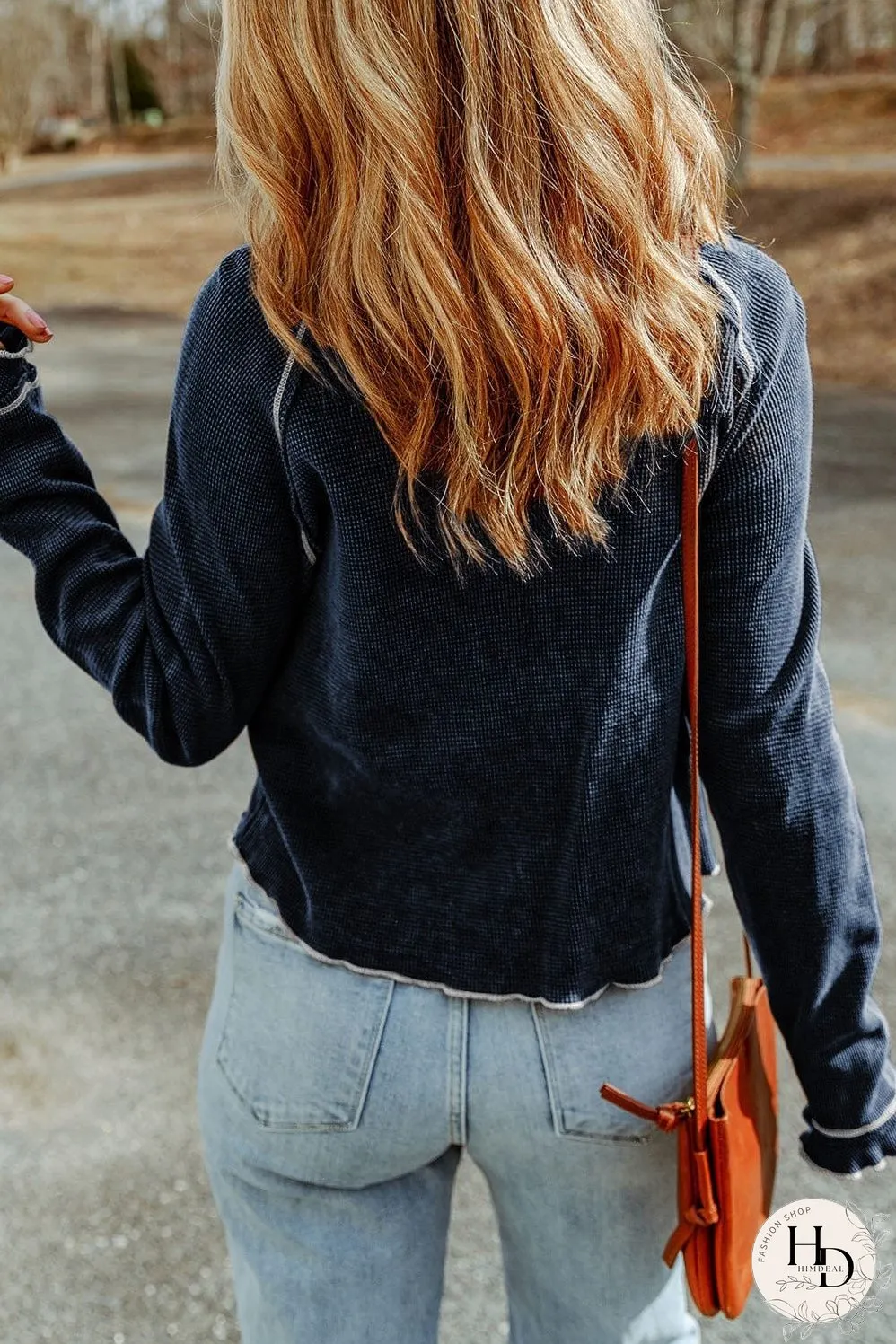 Blue Waffle Knit Casual Long Sleeve Top with Round Neck