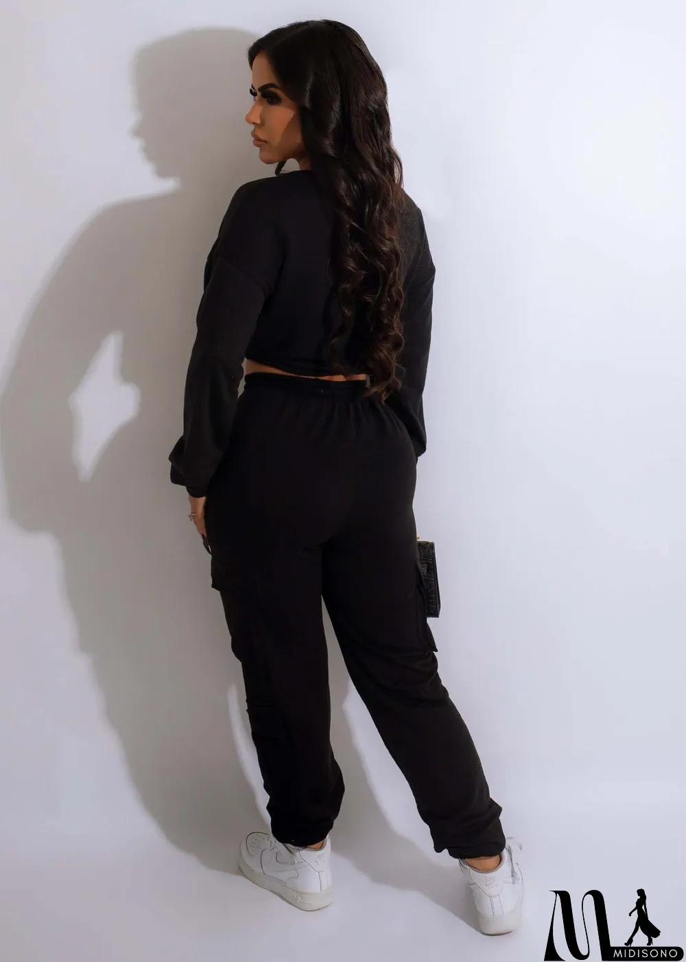 MidiSono - Solid Color Drawstring Crop Tops And Pant 2 Piece Set