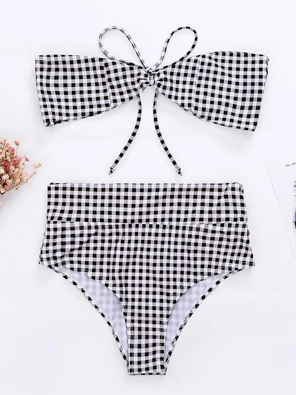 Checkered Print Bandeau Split Bikini Swimsuit