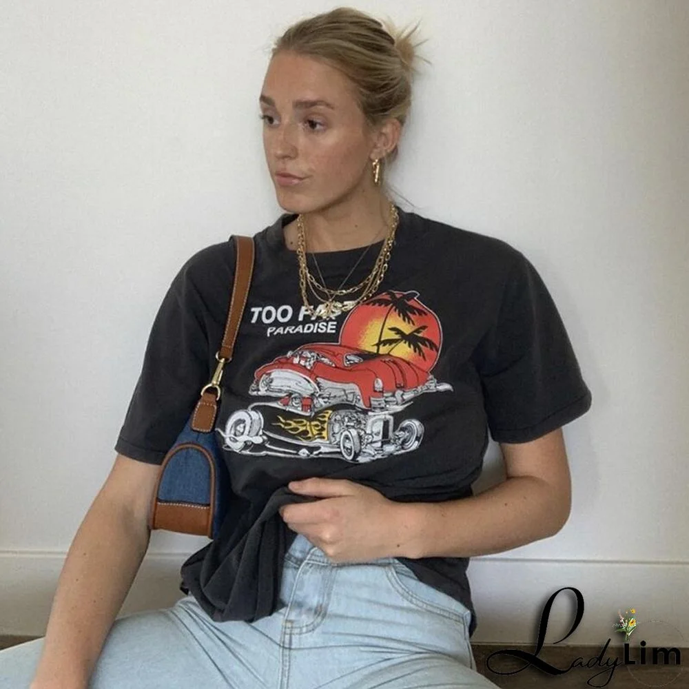 Gothic print Round Neck loose short sleeves t-shirt