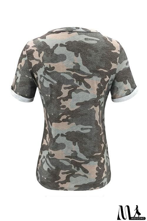 MidiSono - Camouflage Print Knot T Shirt