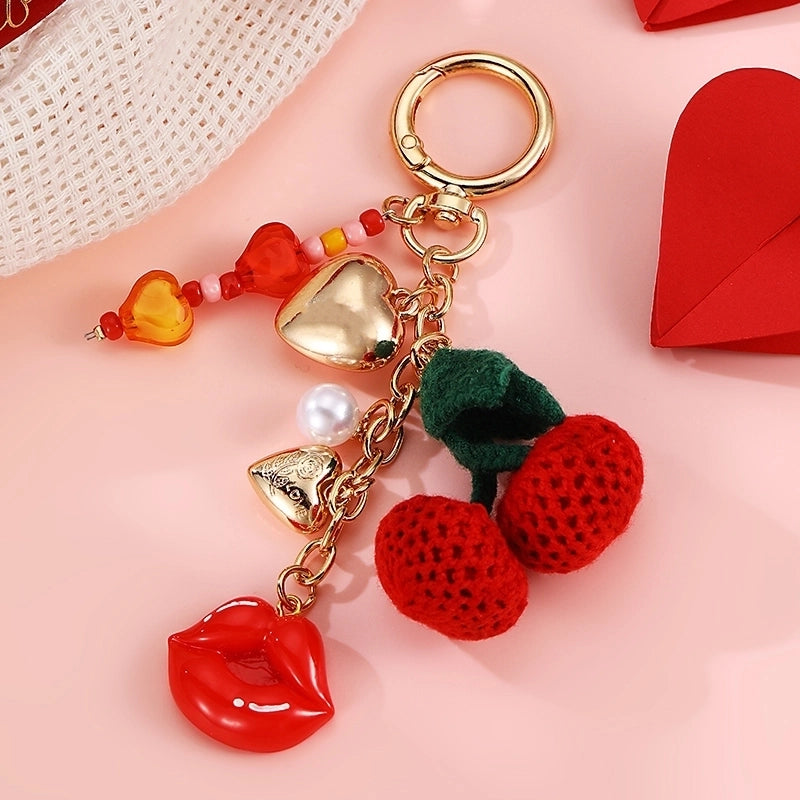 Sweet Cherry Heart Shape Bow Knot Artificial Pearl Alloy Polyester Bag Pendant Keychain