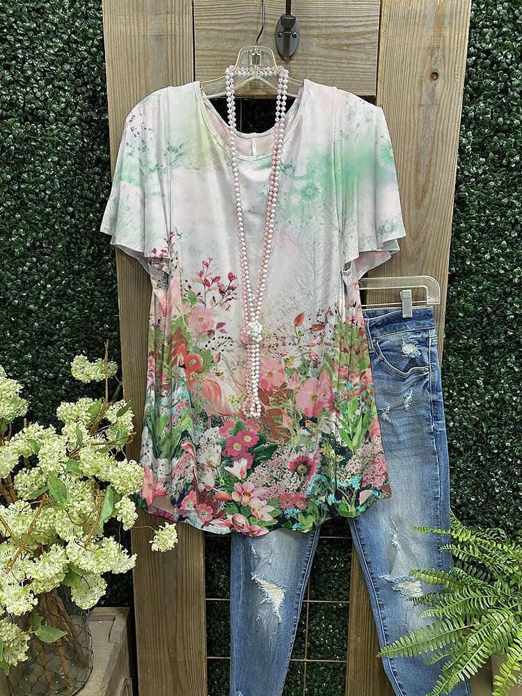 Casual Lady Floral Print T-shirt-Mayoulove