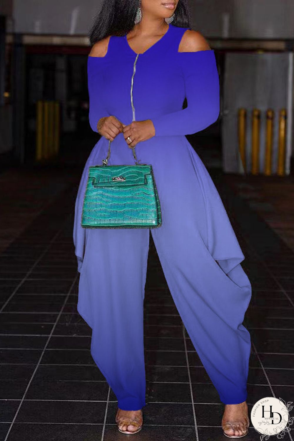 Blue Fashion Casual Gradual Change Print Hollowed Out V Neck Regular Jumpsuits