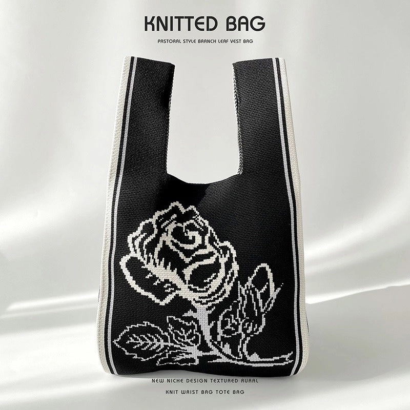 Women’s Medium Knit Letter Flower Cute Vintage Style Square Open Handbag