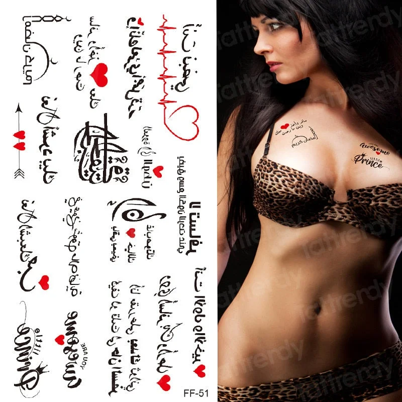 Waterproof Temporary Tattoo Sticker Arabic Letter Heart Love Pattern Personality Fake Tatoo Flash Tatto for Girl Women Men party