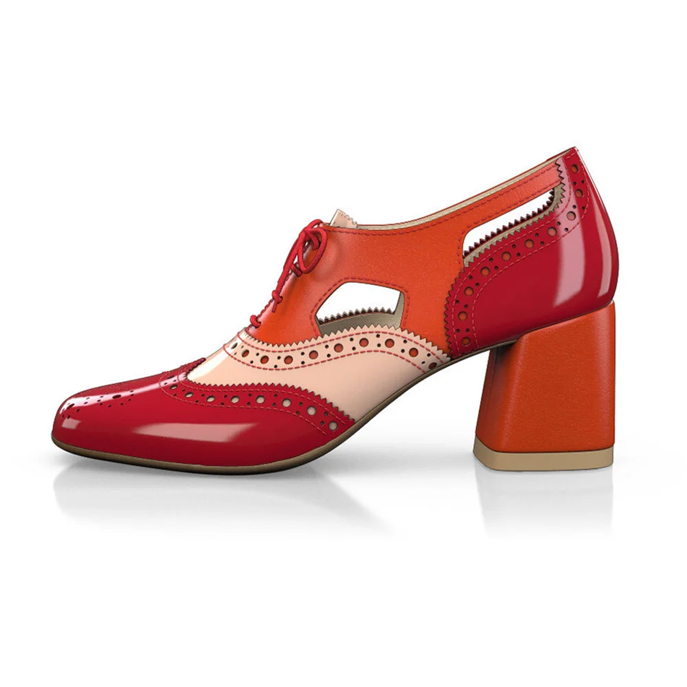 Red Patent Leather Square Toe Lace-Up Cut-Out Heeled Wingtip Shoes Nicepairs