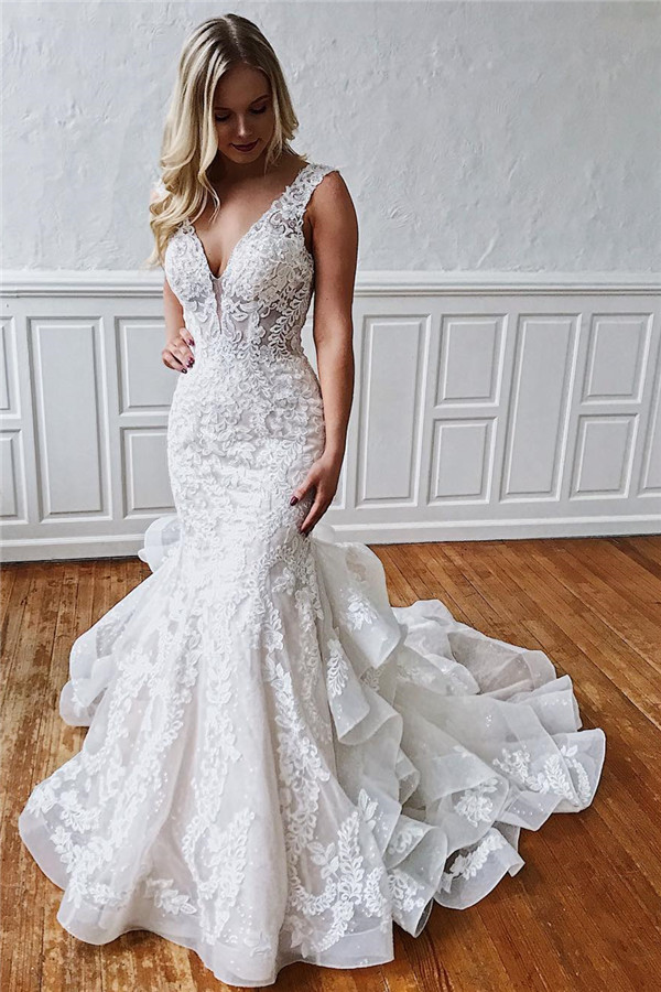 Lvs&Broner Glamorous Straps Sleeveless Lace Mermaid Wedding Dresses With Ruffled