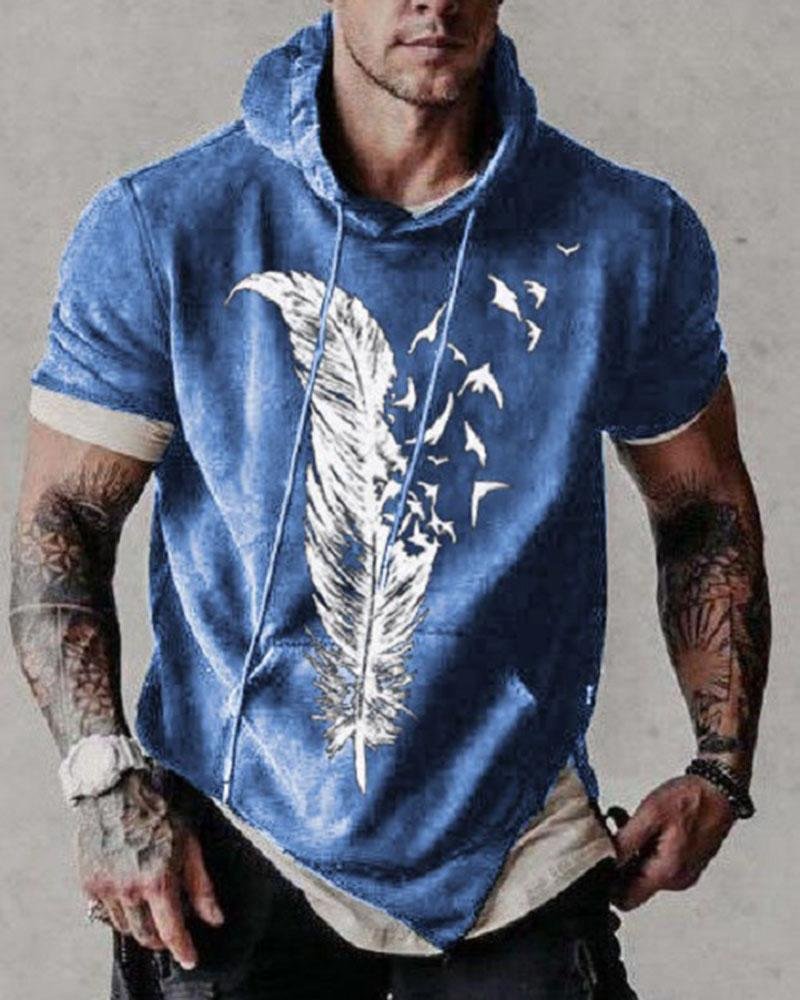 Casual Feather Print Short-Sleeved Pullover Hoodie