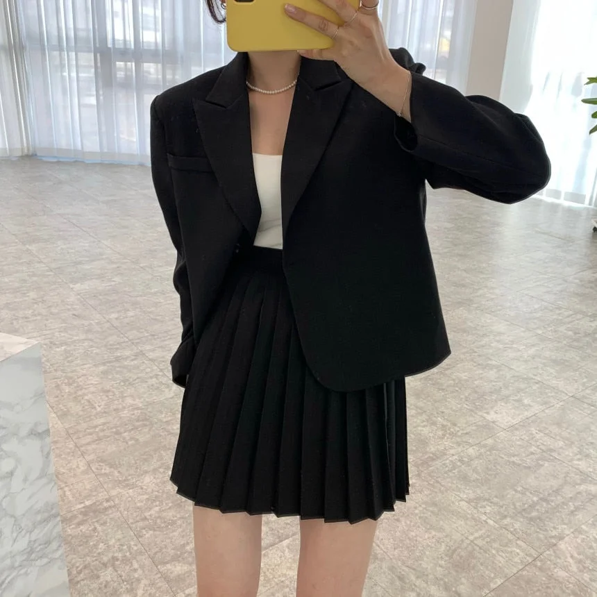 ABEBEY Women Two Piece Set Outfits Long Sleeve Coat And High Waist Pleated Mini Skirt Elegant Korean Style Casual 2 Piece Sets